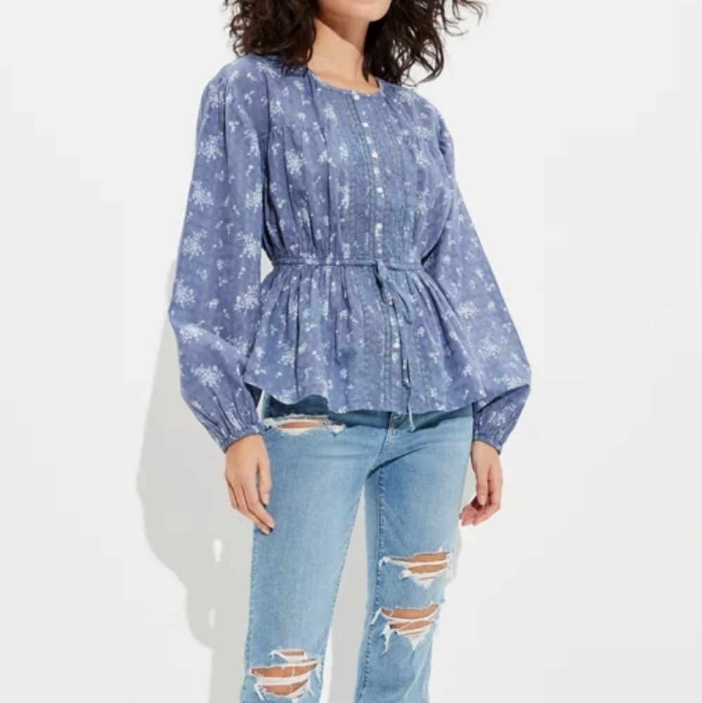 AE Long-Sleeve Tie-Front Tunic Blue Floral Boho Style Blouse